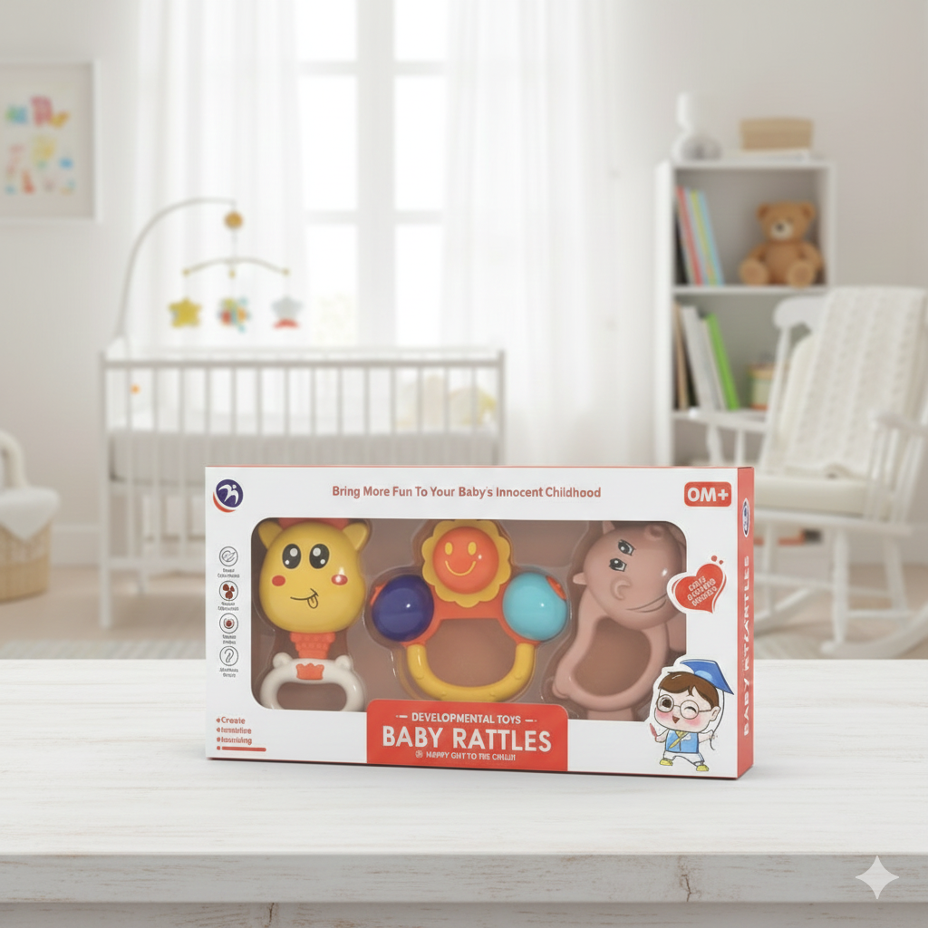 3-in-1 Baby Rattle & Grasping Toy Set | Non-Toxic Sensory Toys for Infants 0-12 Months | Premium BPA-Free Gift