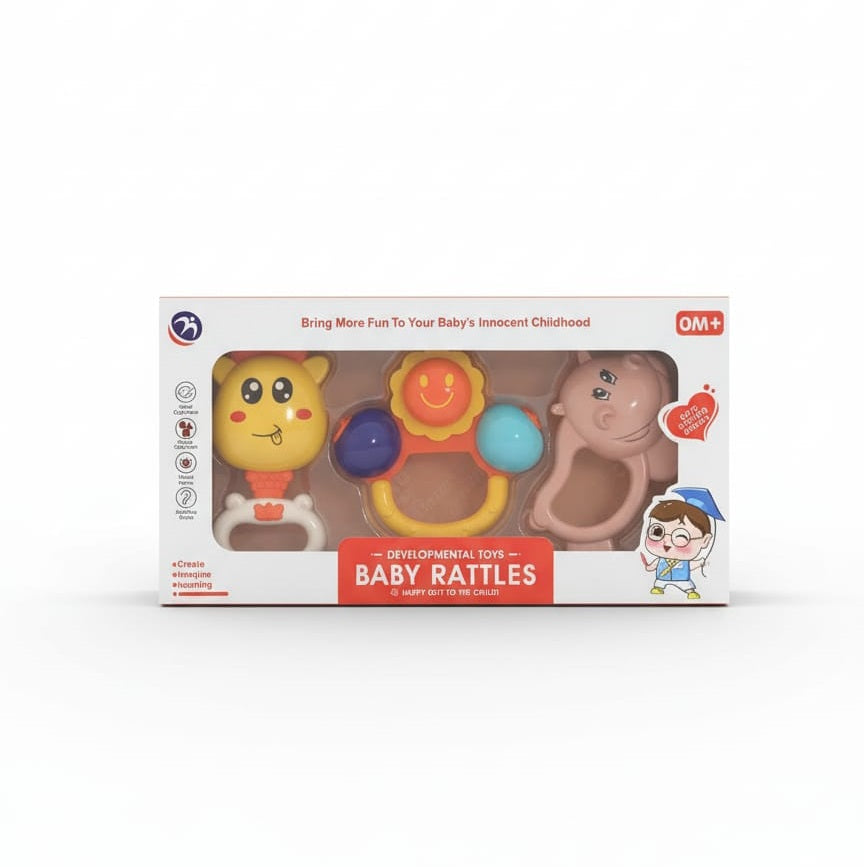 3-in-1 Baby Rattle & Grasping Toy Set | Non-Toxic Sensory Toys for Infants 0-12 Months | Premium BPA-Free Gift