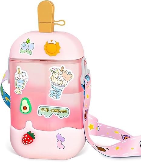 Kawaii Cartoon Water Bottle – 400ml Plastic Cup with Straw