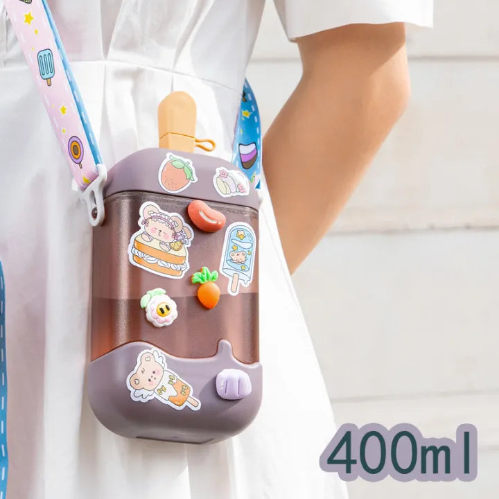 Kawaii Cartoon Water Bottle – 400ml Plastic Cup with Straw
